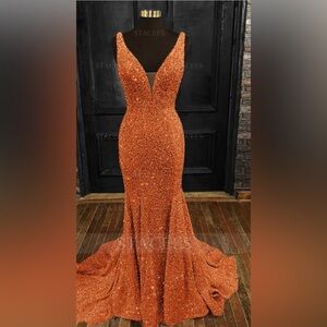 Elegant Orange Sequin Evening Gown